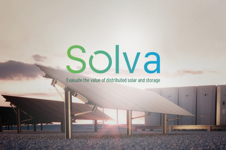 solva logo with a solar panel at the background connected to battery and energy storage